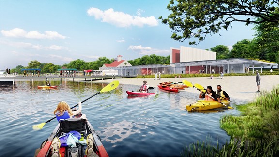 People in colorful kayaks in the water with the envisioned expanded boathouse and piers in the background. Graphic.
