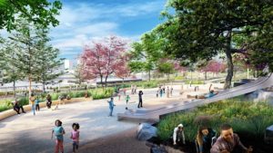 Children and adults enjoying the envisioned park play area with a slide. Area is surrounded by blooming springtime trees. Graphic.