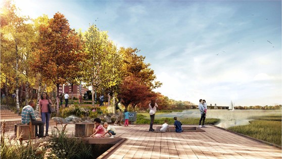 People and families explore and enjoy a wide boardwalk next to the lush shoreline lined by trees. Graphic.