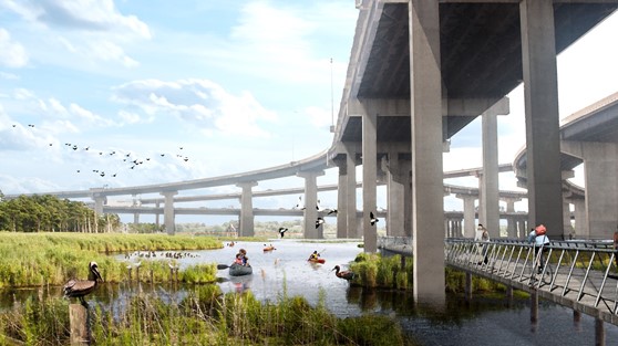 People in kayaks and canoes boating through wetlands with flying birds, adjacent to an overpass. A person is jogging along on a boardwalk under the overpass. 