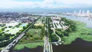 Rendering of the constructed wetlands surrounding Medstar Harbor Hospital and Cherry Hill. The view is overlooking the Vietnam Veterans Memorial/Hanover Street Bridge with the Middle Branch Fitness & Wellness Center in Reedbird Park to the left. Image Credit James Corner Field Operations