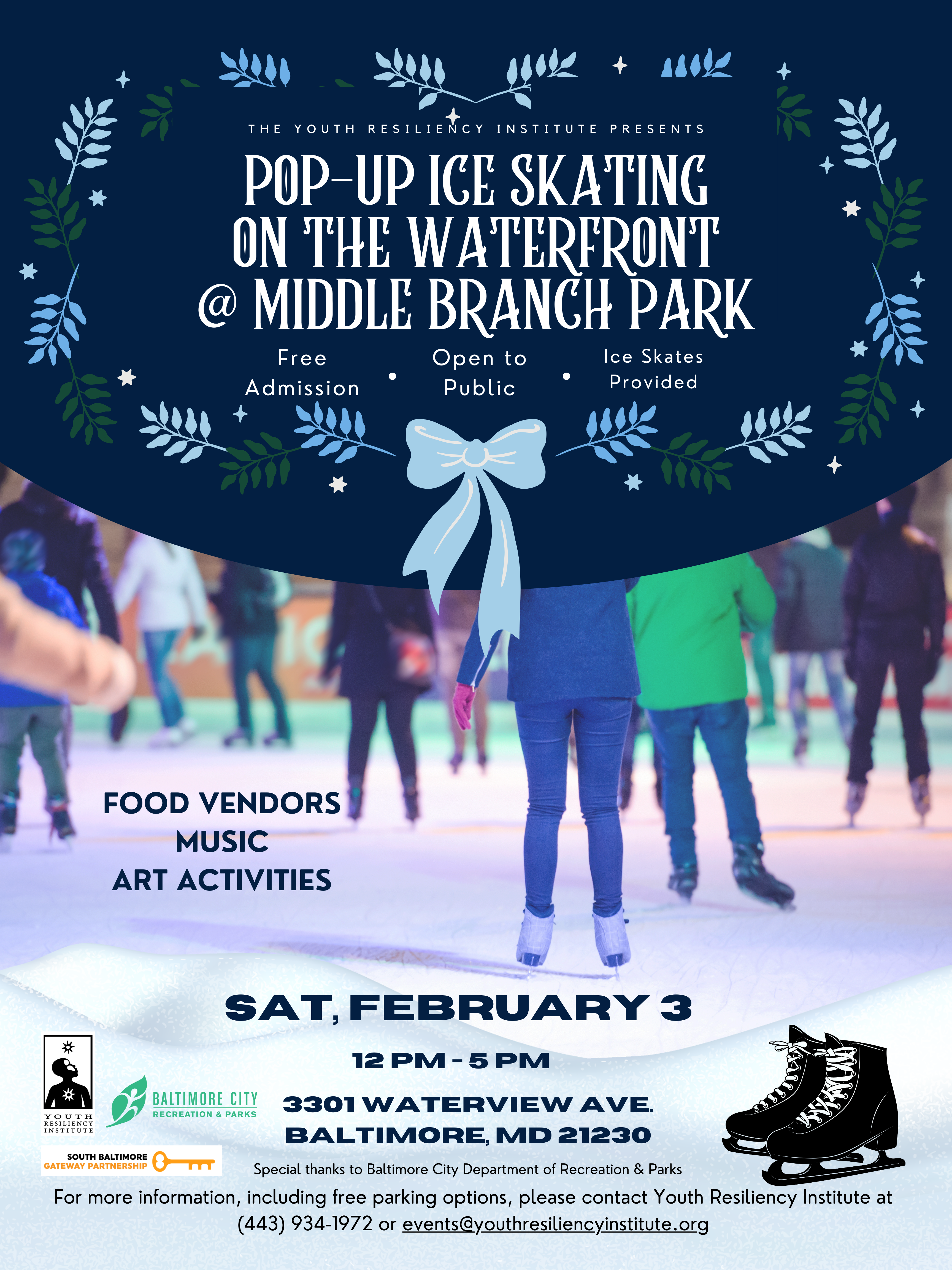 Flyer with dark blue background and white text containing event info above a photo of people ice-skating.