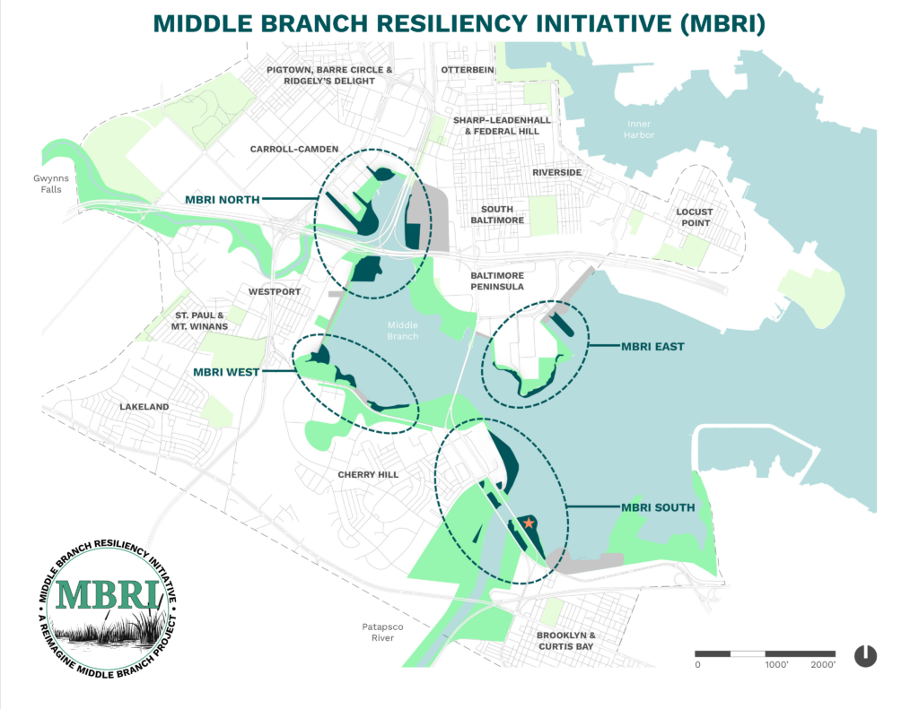 Map rendering of the proposed MBRI wetland restorations taking place in the the Middle Branch of the Patapsco, labeled in quadrants. MBRI South (containing the Hanover Street Wetlands), MBRI North, East, and West to follow.