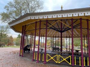 View of the restored Riverside Park gazebo on a fall day.