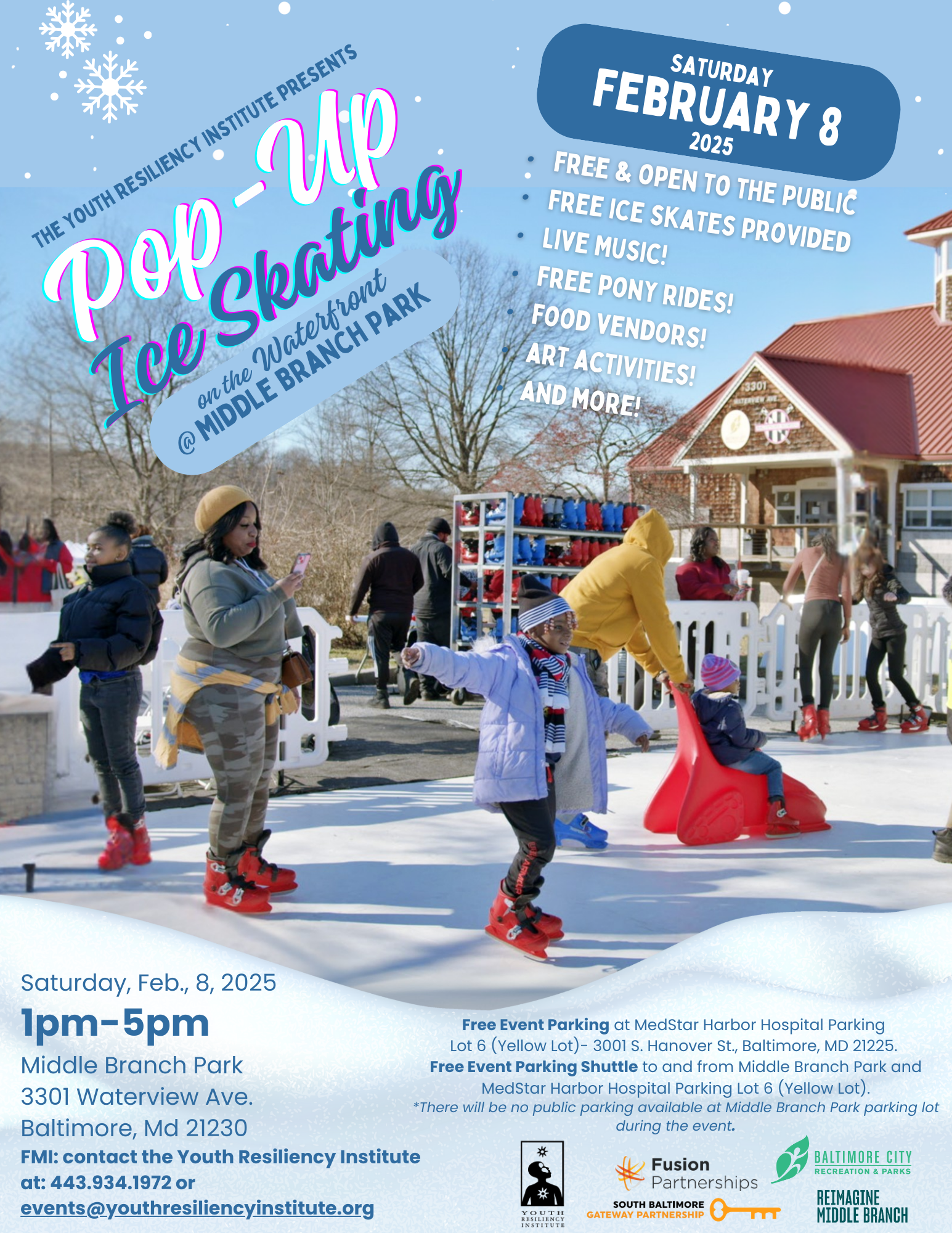 Event information is in blue and white text over a photo from a previous event of people of all ages ice-skating in front of the boat house in Middle Branch Park.