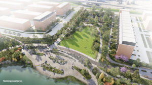 Conceptual, aerial rendering of the Westport Waterfront Park.