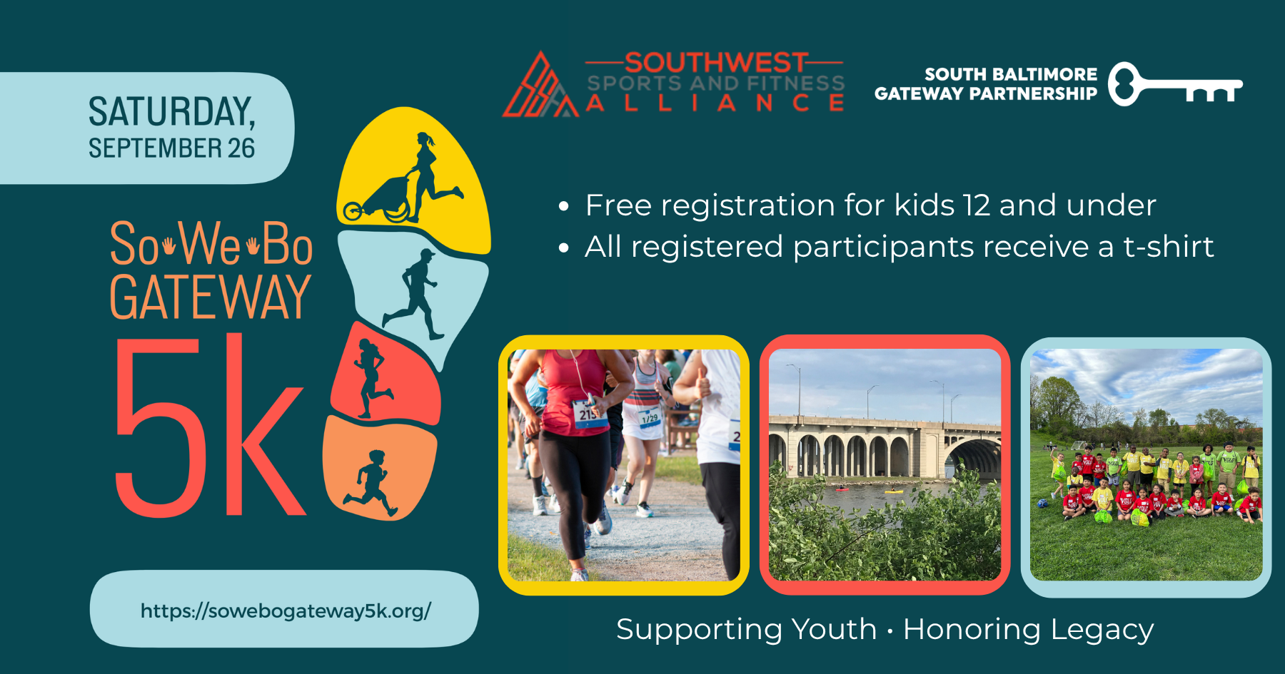 Teal background with multi-colored footprint showing the different types of participants next to photos of a bridge, runners, and youth sports team with event info and logos.